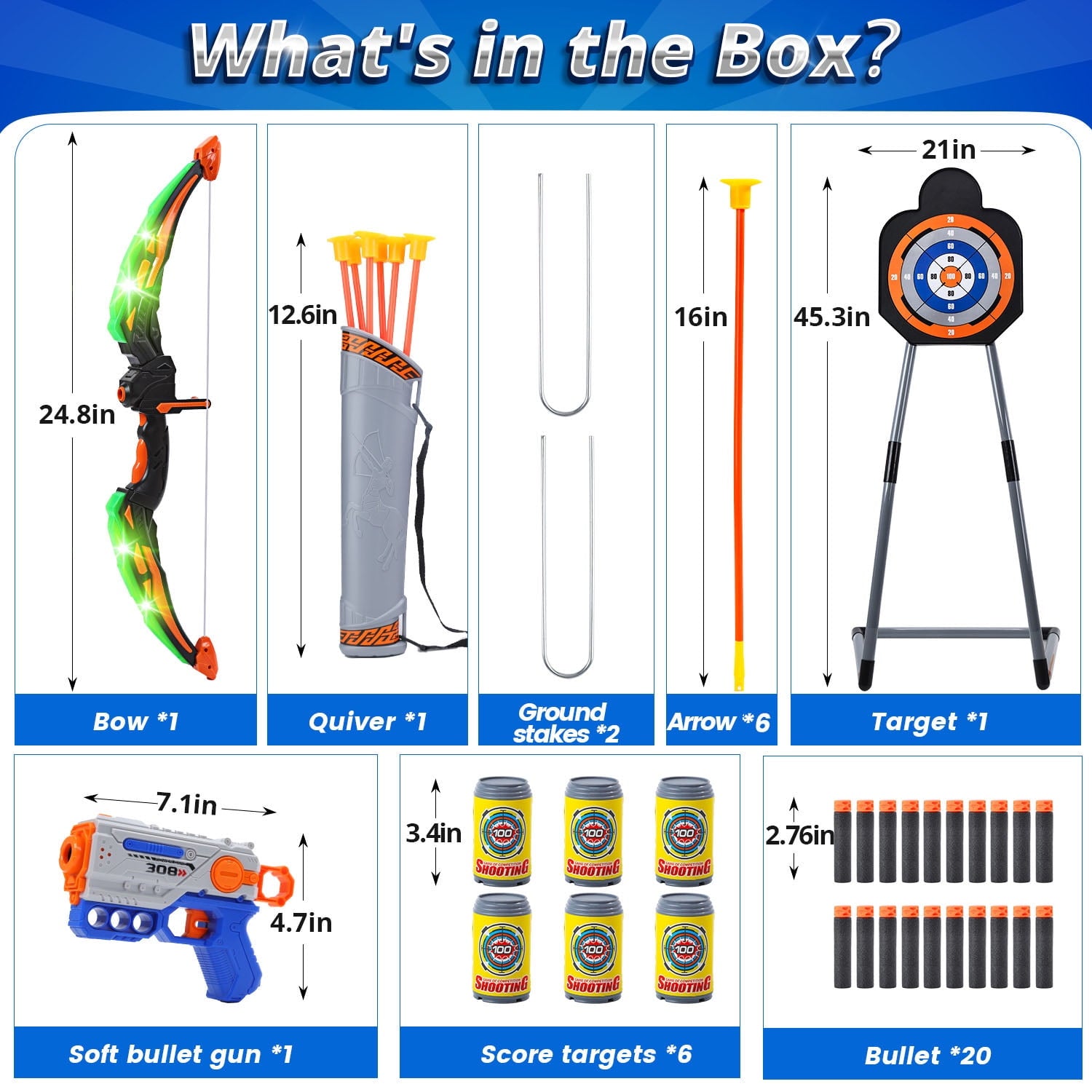 JoyStone Bow and Arrow Set for Kids- LED Light up Archery Toy Set with 1 Foam Dart Blaster, 6 Suction Cup Arrows, Archery Set with Standing Target, Indoor Outdoor Sport Gifts for Boys Girls Ages 4-8