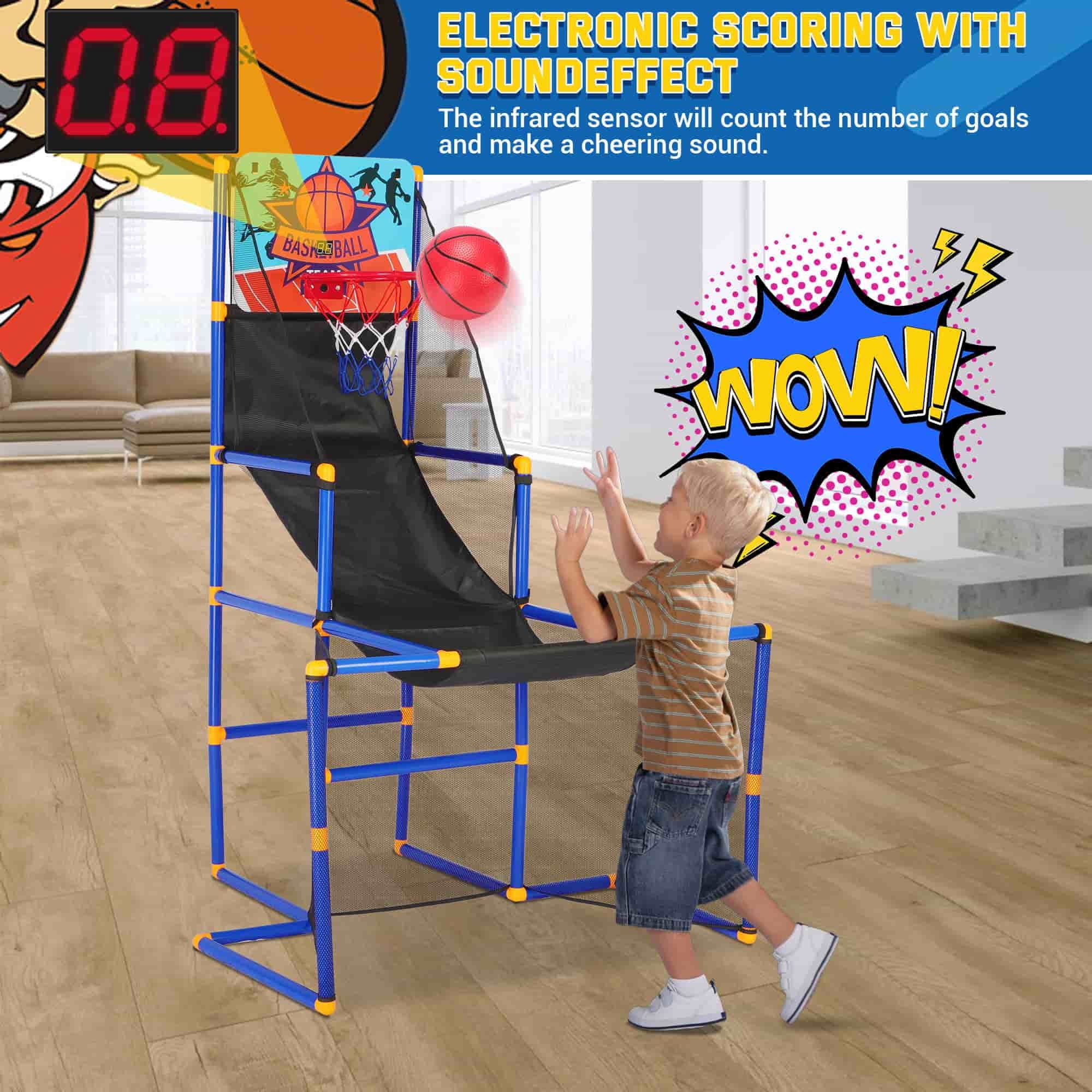 Toddler Basketball Hoop Set, 3-In-1 Arcade Basketball Game Indoor W/ Soccer Goal, Portable Indoor Outdoor Sports Play Toy, Gift for Ages 3-12 Boys Girls Air Pump and 6 Balls Included, 2 Hockey Sticks