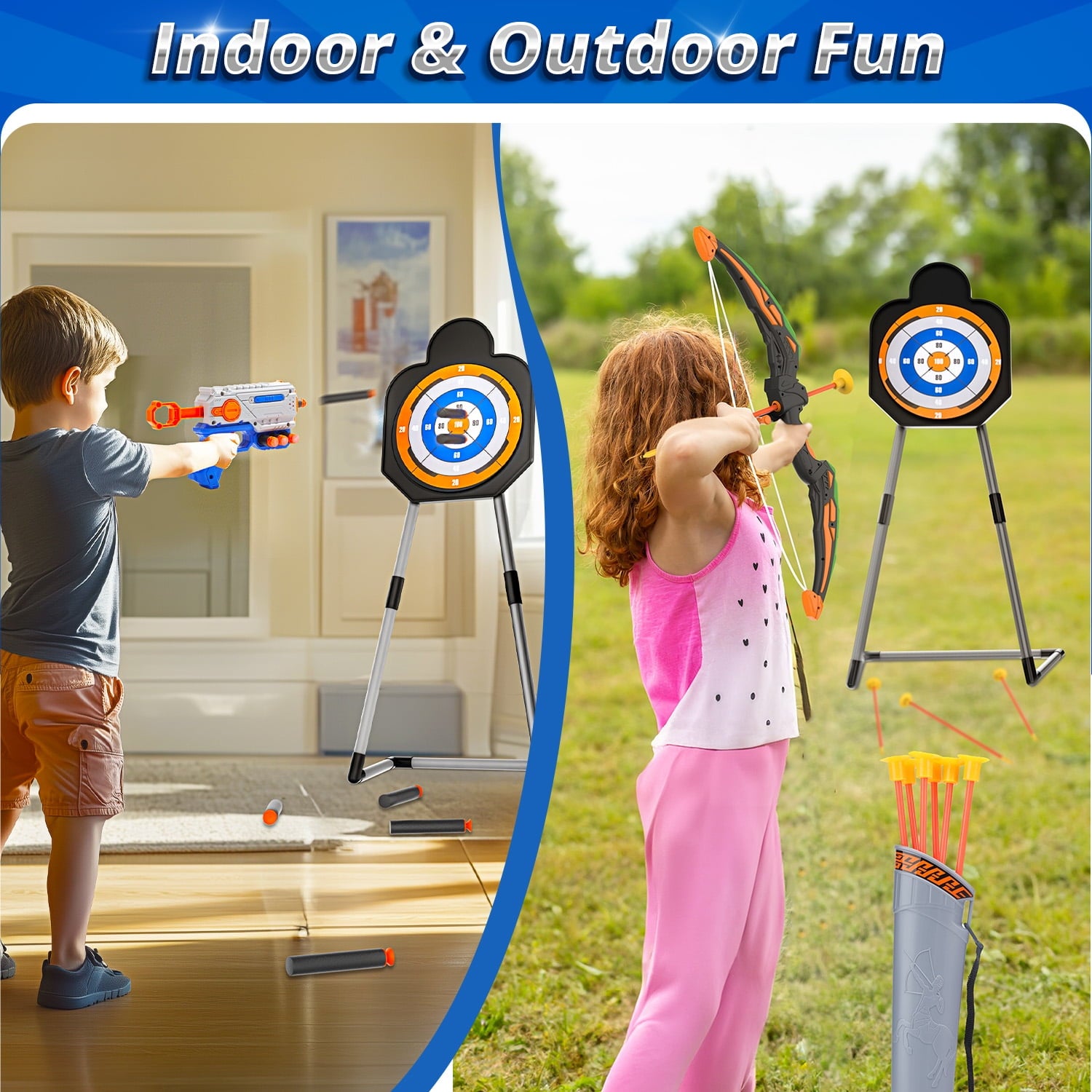 JoyStone Bow and Arrow Set for Kids- LED Light up Archery Toy Set with 1 Foam Dart Blaster, 6 Suction Cup Arrows, Archery Set with Standing Target, Indoor Outdoor Sport Gifts for Boys Girls Ages 4-8