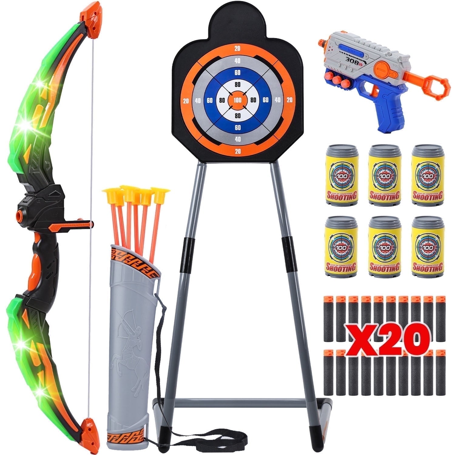 JoyStone Bow and Arrow Set for Kids- LED Light up Archery Toy Set with 1 Foam Dart Blaster, 6 Suction Cup Arrows, Archery Set with Standing Target, Indoor Outdoor Sport Gifts for Boys Girls Ages 4-8