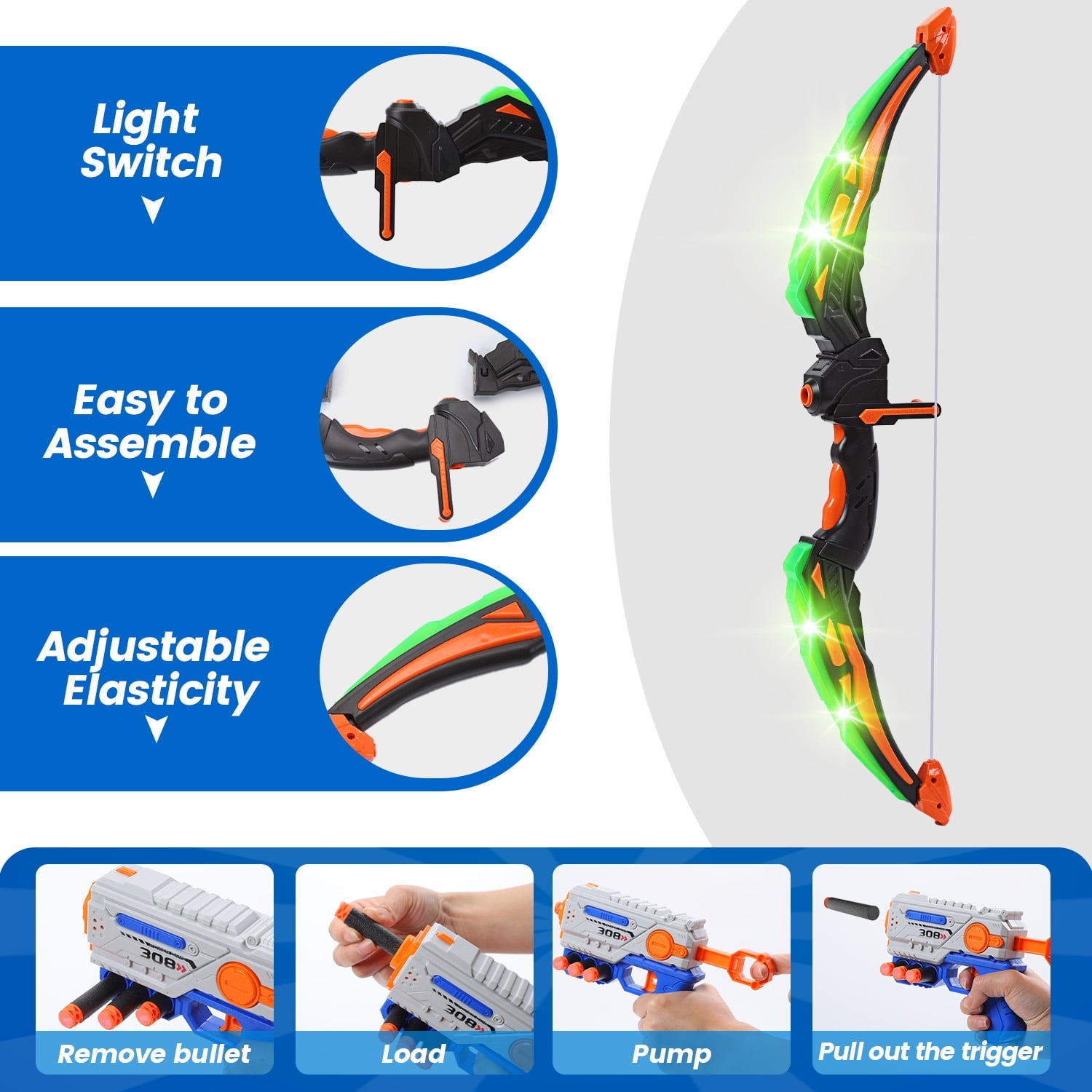 JoyStone Bow and Arrow Set for Kids- LED Light up Archery Toy Set with 1 Foam Dart Blaster, 6 Suction Cup Arrows, Archery Set with Standing Target, Indoor Outdoor Sport Gifts for Boys Girls Ages 4-8
