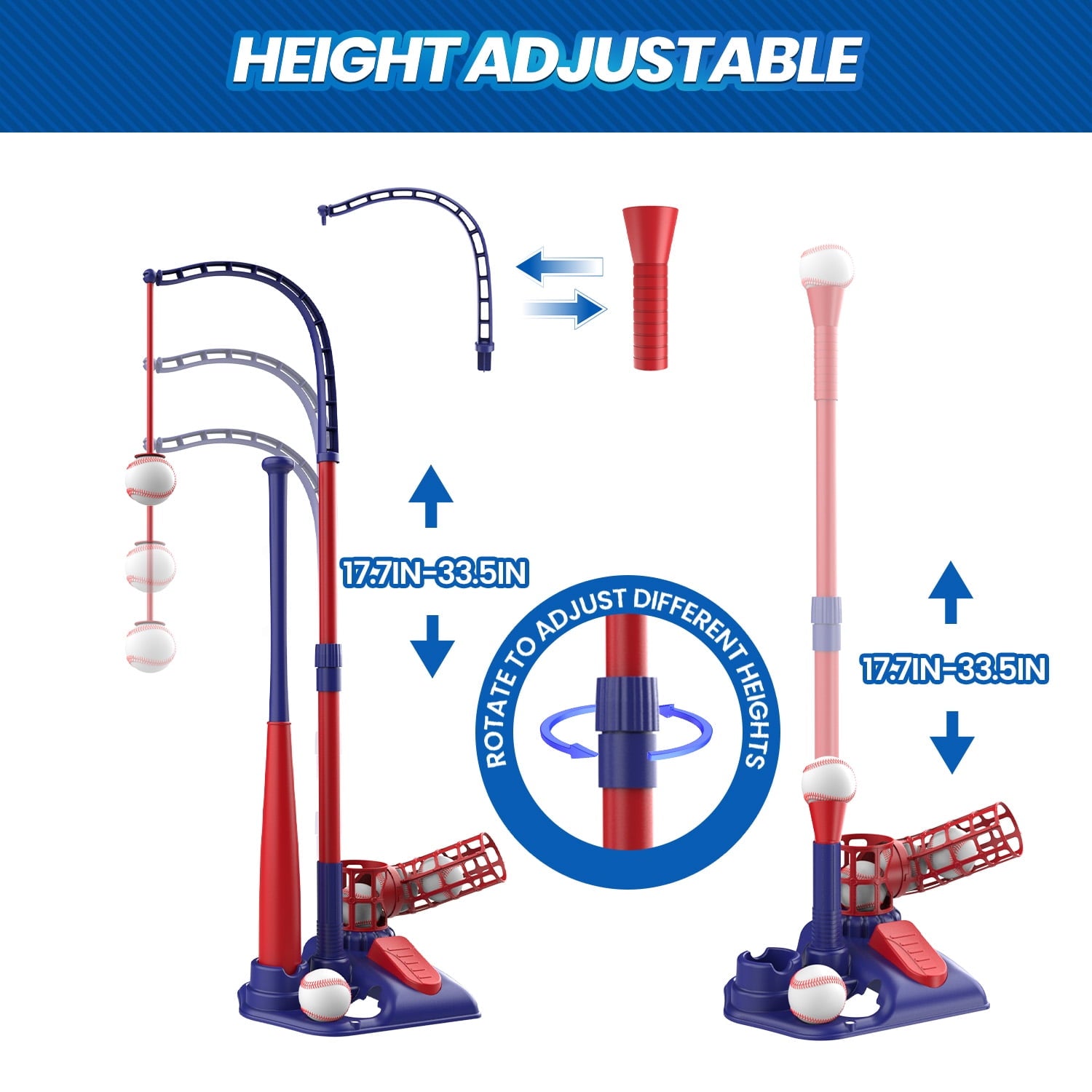 JoyStone 3-in-1 T Ball Set for Kids, 2.5-3.9ft Height Adjustable Tee Ball Stand, Hanging Tee, Pitching Machine, Tball Bat with 6 Balls, Indoor/Outdoor Sport Gifts for Boys & Girls