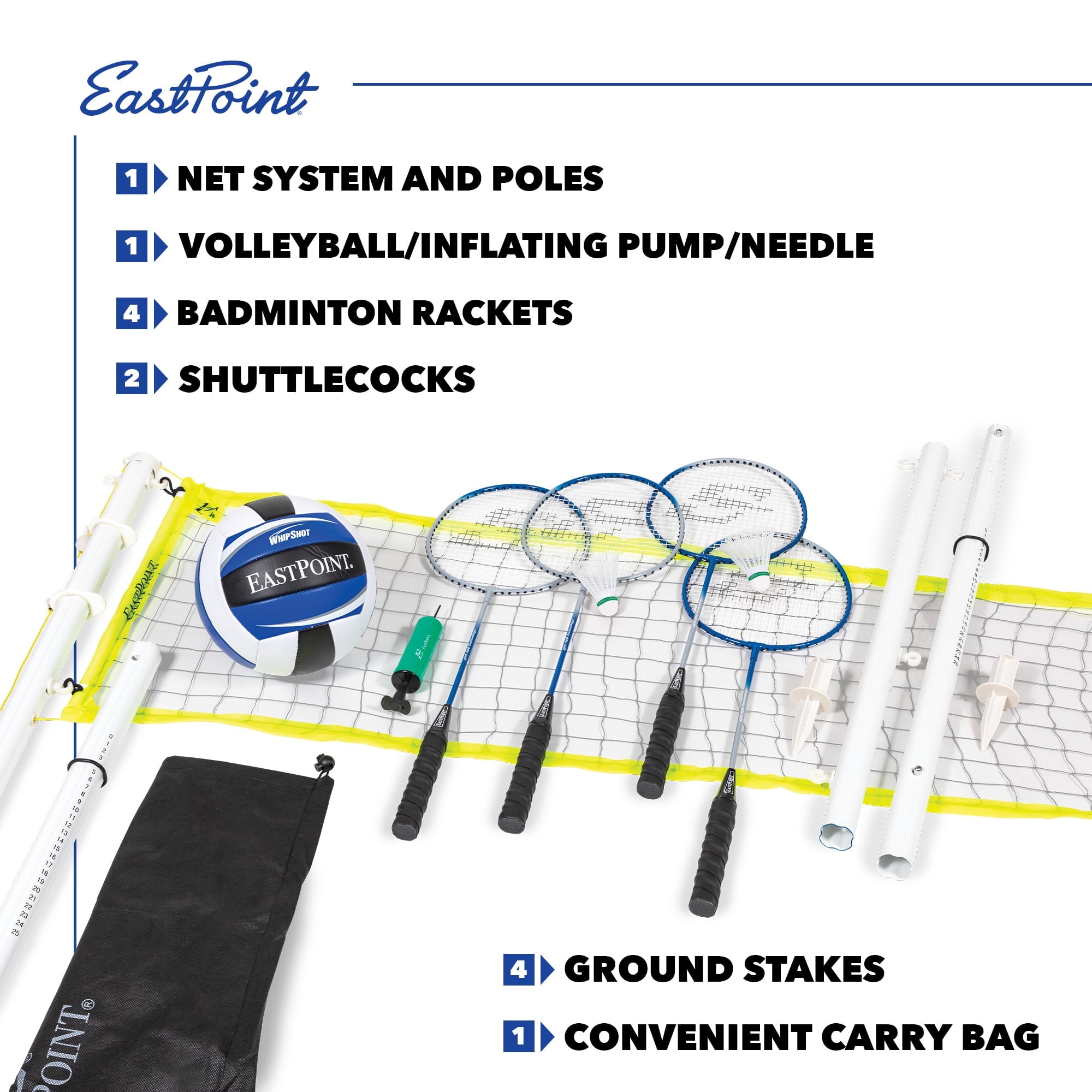 EastPoint Sports 2-in-1 Volleyball and Badminton Set, Adjustable Height Net Set with all Accessories
